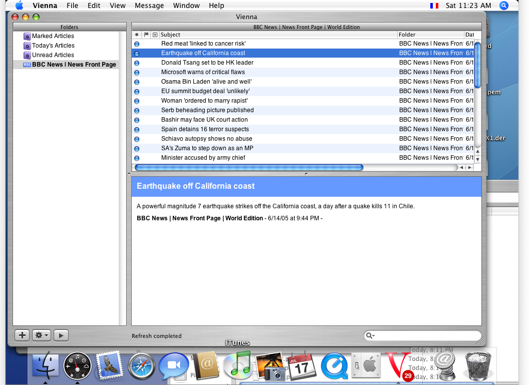 Screenshot of initial Vienna RSS Beta - Horizontal layout