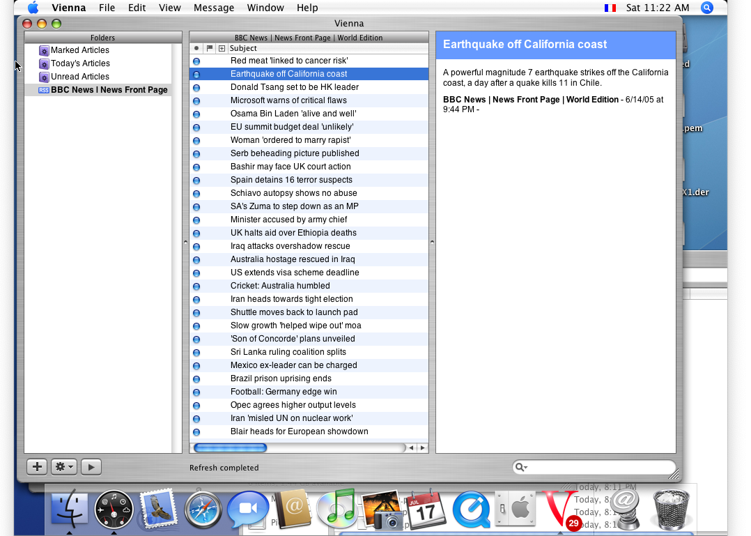 Screenshot of initial Vienna RSS Beta - Vertical layout
